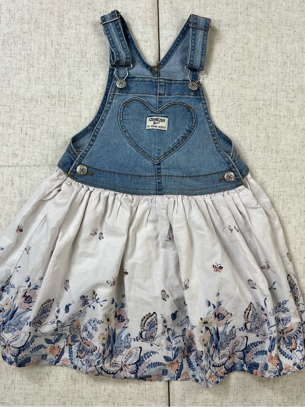 OshKosh B'gosh Denim Butterfly Floral Overall Pinafore Dress Toddler Girls 5T
